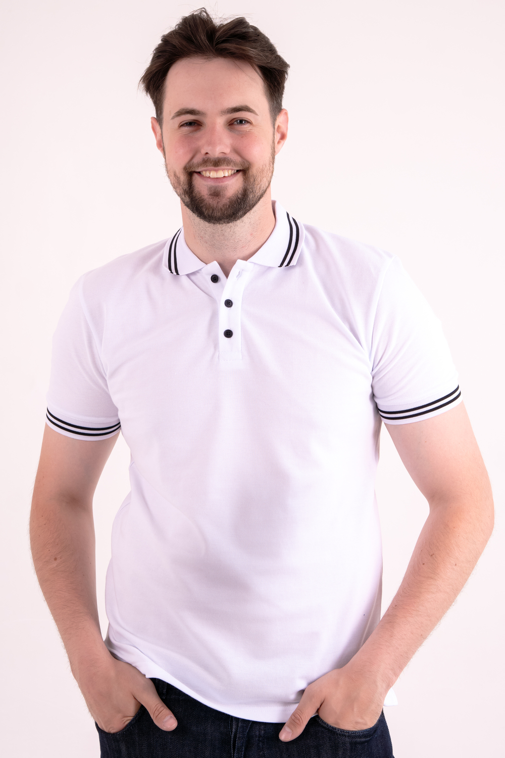 Біла з чорною смужкою футболка поло чоловіча CLASSIC