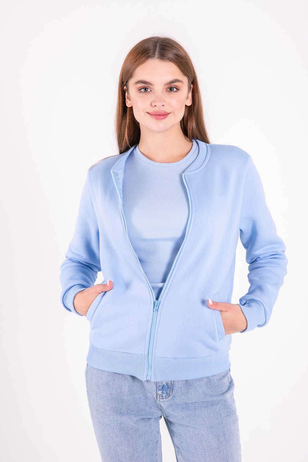 Блакитна кофта на блискавці жіноча