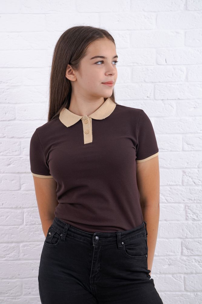 Коричнева з бежевим воротом, планкою і манжетами футболка поло жіноча