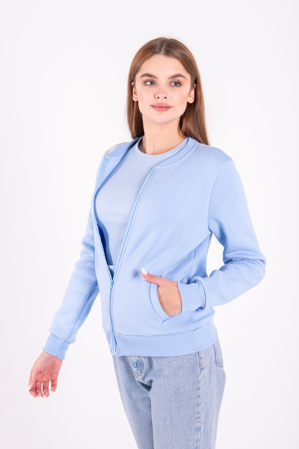 Блакитна кофта на блискавці жіноча